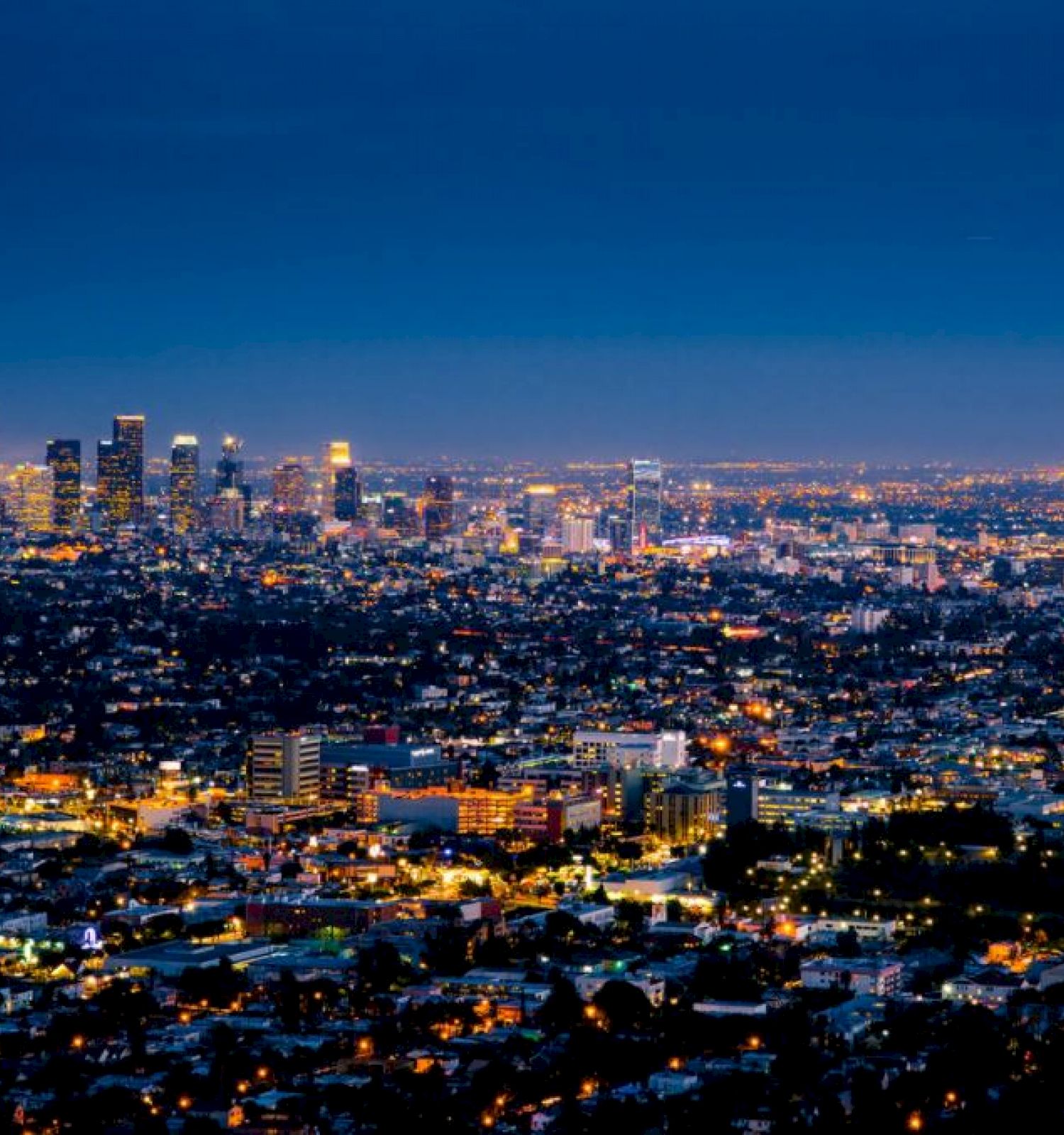 This image shows an illuminated cityscape at dusk, featuring a sprawling urban area with tall buildings and city lights under a dark blue sky.