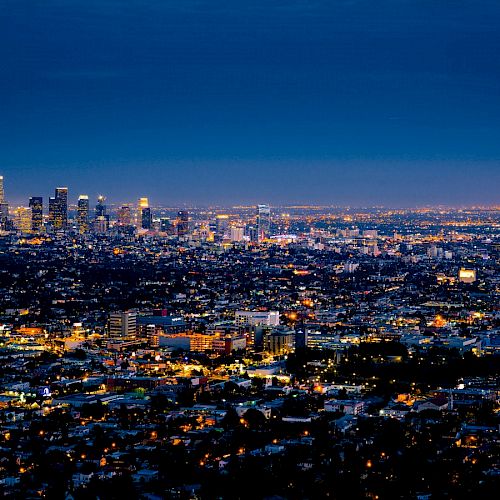 The image shows a vibrant cityscape at dusk, with numerous buildings illuminated against a darkening sky and a distant skyline in the background.